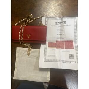 Prada Rosso Saffiano Leather Long Wallet Crossbody WOC Gold Chain Authenticated